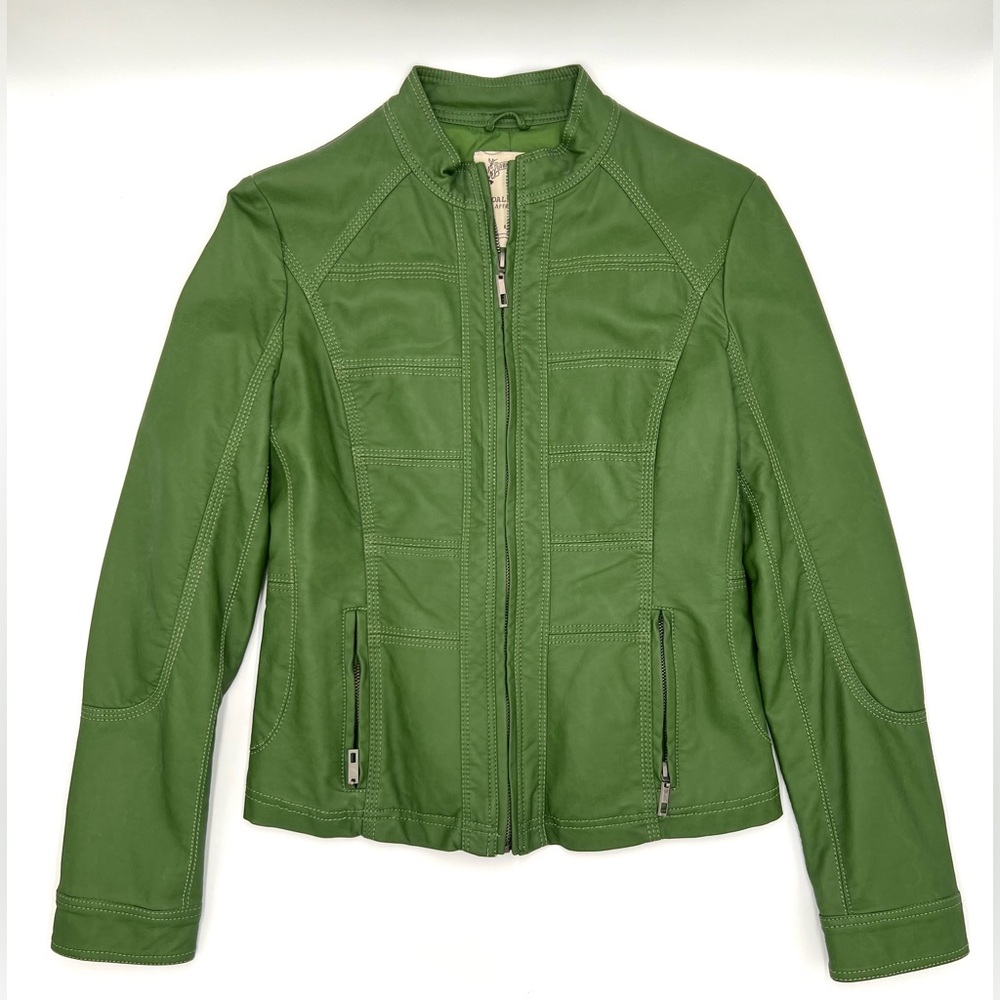 Downtown Coalition vegan leather moto-style jacket in eye-catching green